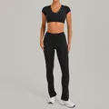 Premium black brushed yoga set featuring flared leggings and short sleeve crop top - S / Top And Bottom / Solid Black