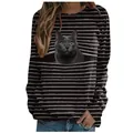 Detailed view of women's long-sleeved striped t-shirt with gray cat print and round neck - S / Tops / Green-Eyed Cat