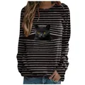 Detailed view of women's casual long sleeve striped T-shirt with a black cat print - S / Tops / Yellow Eye Cat