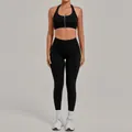 Two-piece black yoga set with front zipper sports bra and high-waisted leggings - S / Top And Bottom / Black