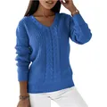 Detail van de koningsblauwe dames trui met V-hals en kabelpatroon en lange mouwen. - S / Tops / Blauw