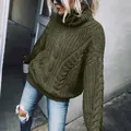 Detailed view of women's dark olive green chunky cable knit turtleneck sweater. - 3XL / Tops / Army Green