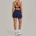 Navy blue one-piece yoga jumpsuit with criss-cross back and waist cutout design. - S / Top And Bottom / Navy Blue