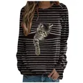 Macro view of realistic 3D cat print on women's black and white striped long-sleeved T-shirt - S / Tops / Floral Cat