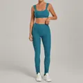 Teal brushed yoga set with adjustable straps sports bra and high-waisted leggings - S / Top And Bottom / Sea Blue