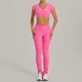 Bright pink space-dye workout set featuring a short sleeve crop top and matching leggings - S / Top And Bottom / Hollywood Pink