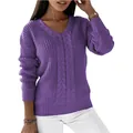Close-up of women's purple V-neck cable knit sweater with long sleeves and ribbed cuffs - S / Tops / Deep purple