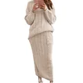 Close-up of women's beige cable-knit sweater and long skirt two-piece set - Light Khaki