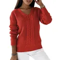 Stylish red V-neck cable knit sweater for women with long sleeves and casual fit - S / Tops / Red