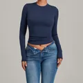 Tight navy blue long-sleeve yoga top for high-impact fitness and Pilates - S / Tops / Dark Blue Green