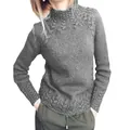 Detail view of women's grey cable-knit sweater with elegant high turtleneck design - Light Gray