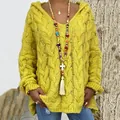 Detailed view of a bohemian style lime yellow cable knit hooded V-neck sweater for women - S / Tops / Yellow