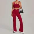 Two-piece burgundy yoga set featuring a sports bra and high-waisted flared leggings - S / Top And Bottom / Ruby Red