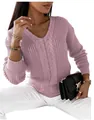 Close-up detail of the elegant pink V-neck cable knit sweater for women's casual wear - S / Tops / Pink