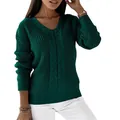 Close-up detail of a dark green V-neck cable knit sweater for women - S / Tops / Green