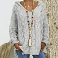 Detailed view of women's light gray cable-knit hooded V-neck loose fit pullover sweater - Light Gray