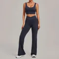 Dark grey yoga set with sports bra and crossover flared leggings - S / Top And Bottom / Dark Blue Green