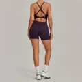 Deep purple cross back yoga bodysuit romper with tummy control and lifting sports shorts - Blackberry Purple