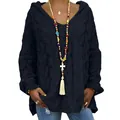 Pull à capuche en maille torsadée noire pour femme avec col en V et coupe décontractée - Noir
