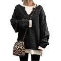 Detailed shot of woman wearing a grey cable-knit oversized sweater with white shirt layering - S / Tops / Black