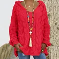 Detailed view of red cable-knit hooded sweater with a relaxed V-neck silhouette - S / Tops / Red