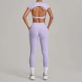 Lavender 2-piece yoga set with backless top and high-waisted leggings for women's fitness - S / Top And Bottom / Lilac Purple