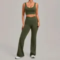 Olive green high waist yoga set with sports bra and flared leggings for women's fitness - Olive Green