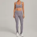 Two-piece heather purple brushed yoga set featuring adjustable straps and split hem pants - Cloud Grey