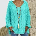 Detailed view of turquoise chunky knit hooded sweater featuring a textured cable pattern - Lake Blue
