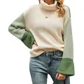 Close-up of chunky knit texture on color block turtleneck sweater for women - S / Tops / Green
