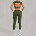 Women's 2-piece green yoga set with back cutout top and high waist leggings - Olive Green