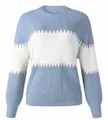 Close-up of light blue and white color block knit sweater with lantern sleeves - Light Blue
