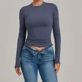 Tight long-sleeved yoga top in dusty blue for high-intensity fitness and Pilates - Granite Blue
