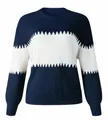 Close-up of navy and white color-block knitted sweater with lantern sleeves. - Dark Blue