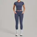 Ensemble de yoga deux pièces extensible haut de gamme avec haut à manches courtes bleu ardoise - Bleu Granit