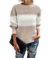 Close-up of a women's beige color-block striped sweater with lantern sleeves. - Beige