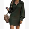 Close-up of a dark green knitted sweater dress featuring lantern sleeves and a polo collar - Army Green