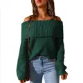 Detailed texture of women's off-the-shoulder green chunky knit sweater with a loose fit - Dark Green