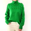 Detailed close-up of vibrant green cable knit high neck sweater showcasing soft texture - 3XL / Tops / Verdant