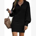 Elegant black knitted sweater dress featuring lantern sleeves and a stylish polo collar. - S / Tops / Black
