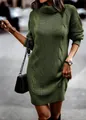 Close-up of an olive green turtleneck cable knit bodycon sweater dress for women - S / Top And Bottom / Army Green