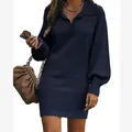 Elegant women's knit sweater dress featuring a lapel collar and stylish lantern sleeves. - Dark Blue