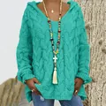 Pull à capuche en maille torsadée bleu sarcelle pour femme avec coupe large décontractée - Bleu lac