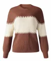 Full view of brown and cream striped knit sweater showcasing the lantern sleeve detail - Coffee