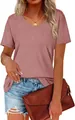 Détail d'un t-shirt rose pour femme à col en V avec une texture côtelée et des finitions - S / Hauts / Rose