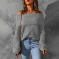 Detail of a grey off-the-shoulder knitted sweater with textured ribbing. - S / Tops / Light Gray