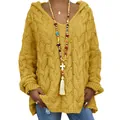 Pull à capuche pour femme en tricot torsadé jaune vif avec coupe décontractée et col en V - Curcuma