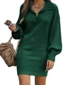 Detail view of dark green knit sweater dress with lantern sleeves and lapel collar - Green