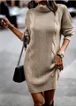 Detailed view of women's cable knit turtleneck sweater dress in beige for autumn - S / Top And Bottom / Khaki