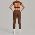 Women's two-piece yoga set in chocolate brown with cutout back top and pocket leggings - Dark Brown